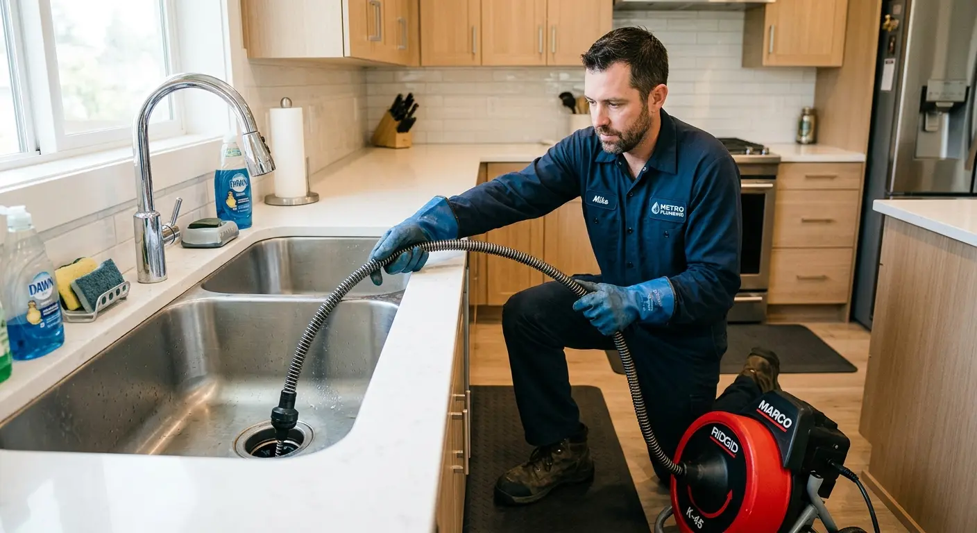 Drain cleaning technician using a motorized snake on a kitchen sink in Doral