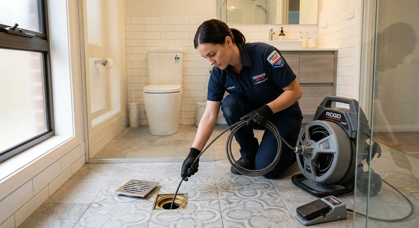 Technician clearing a bathroom floor drain for Drain Repair in Doral